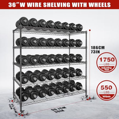 AIRAJ 36”W Storage Shelves with Wheels | 5 Tier Wire Shelving | 1750 LBS Metal Shelving | Garage Shelving Units and Storage | Rolling Wire Rack Adjustable Layer Height | 36”W×14”D×73”H | Indoor/Out