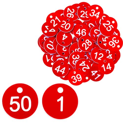 Jeffdad 1-50 Number Tags, Plastic ID Number Hang Tags with Hole, Engraved Round Numbered Marking Identification Tags, Key Box Cabinet Organized Coding Tag(Red)