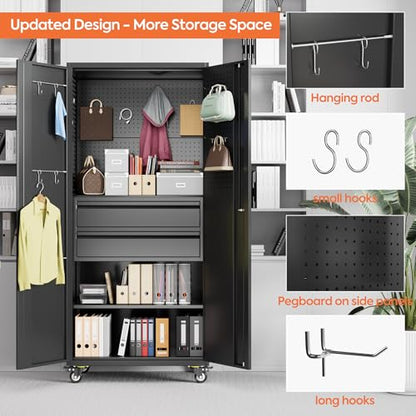 Metal Garage Storage Cabinet with Wheels, 2 Internal Drawers - color: Black, size: 15.5"D x 30"W x 71"H