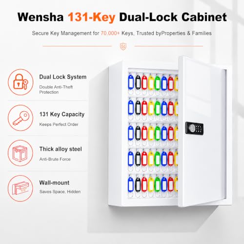 Lock Key Cabinet with Storage: 131-Keys Steel Wall Mount Key Cabinet Organizer - Large Storage and Secure Combination Lock Box for Office Home Business White