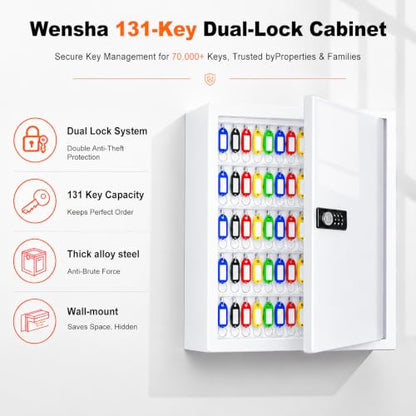 Lock Key Cabinet with Storage: 131-Keys Steel Wall Mount Key Cabinet Organizer - Large Storage and Secure Combination Lock Box for Office Home Business White
