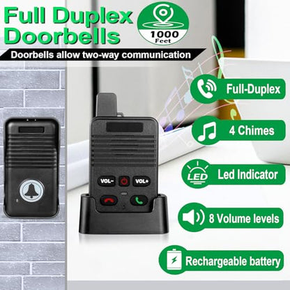 Wireless Doorbell, Waterproof Full Duplex Intercom Door Bell 1000ft - size: 1 Receiver+1 Transmitter