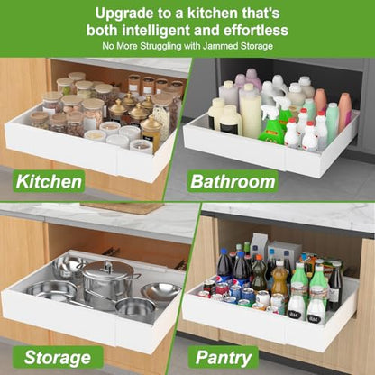 ANTOWIN 2-Pack Expandable Pull Out Cabinet Organizer 16.5"Deep(12.2"-20.5"W), 3 Full Extension Glides Slide Out Drawers, Roll Out Shelves Adhesive Raising Pad,Compatible Framed Cabinets,90lb Cap,White - size: 16.5"D x 12.2"-20.5"W(2Pack) White