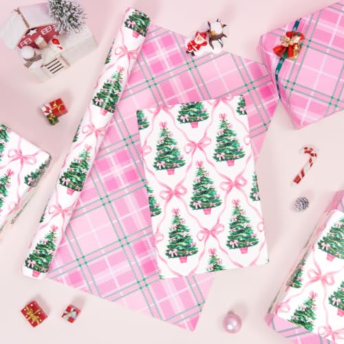 WERNNSAI Pink Christmas Wrapping Paper 17 In x 33 Ft Xmas Tree Gift Wrap - color: Christmas Pink Bow