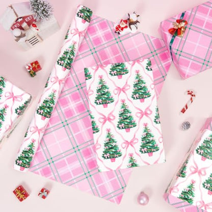 WERNNSAI Pink Christmas Wrapping Paper 17 In x 33 Ft Xmas Tree Gift Wrap - color: Christmas Pink Bow