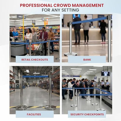 Crowd Control Warehouse 2 Retractable Belt Stanchion Barriers, 11 Ft Blue - color: Blue Belt with Polished Stainless Steel Post