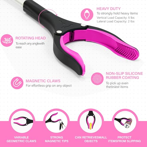 2 Pack 32 inch GrabRunner Reacher Grabber Tool with Strong Magnetic and Swivel Head (New Pink) - color: Rose Pink(pack of 2)