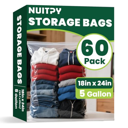 60 Pack Large 5 Gallon Storage Bags with Zipper Top, 18 x 24in Zipper Bags - size: 18in x 24in-60p