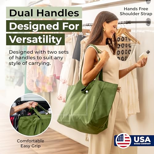 VeraMia Canvas Grocery Bag 3pc XL Set with Real Pockets, Long Shoulder Strap and Short Handle. Heavy Duty, Foldable, Washable - color: Forest