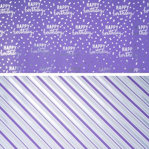 LeZakaa Purple Birthday Wrapping Paper Roll for Girls Women, Happy Birthday Lettering & Stripe Reversible, Metallic Foil, Large Roll, 30 inches x 32.8 Feet (92.9 sq.ft.) - color: Birthday - Purple, size: 30" X 32.8 ft