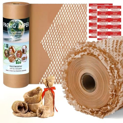 Honeycomb Packing Paper - Biodegradable Bubble Wrap Alternative 15"x200 FT, 80gsm with 20 Fragile Sticker Labels | Eco-Friendly Cushioning for Shipping, Moving & Small Business Packaging,Fragile Items - size: 15 Inch x 200 Feet