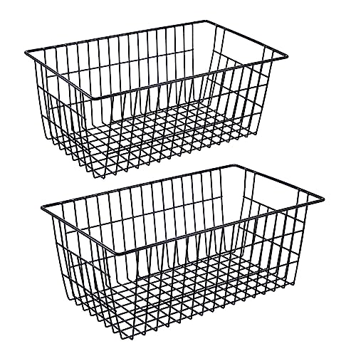 Redrubbit Wire Storage Baskets, Large Farmhouse Metal Freezer Basket Storage Organizer Bins with Handles for Kitchen Cabinets, Pantry, Closets, Bedrooms, Bathrooms, Set of 2, Black - color: Black, size: 2 Pack