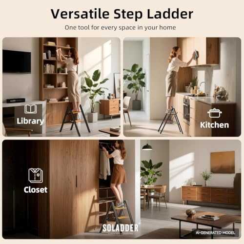 SOLADDER 2 Step Ladder, Folding Step Stool, Black & Woodgrain - color: Black&woodgrain, size: 2 Step