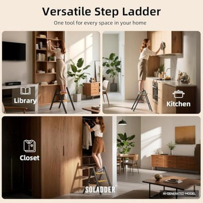 SOLADDER 2 Step Ladder, Folding Step Stool, Black & Woodgrain - color: Black&woodgrain, size: 2 Step