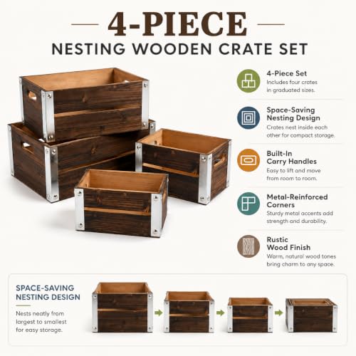4 Pack Espresso Brown Nesting Wood Storage Crates with Cutout Handles - color: Espresso Brown