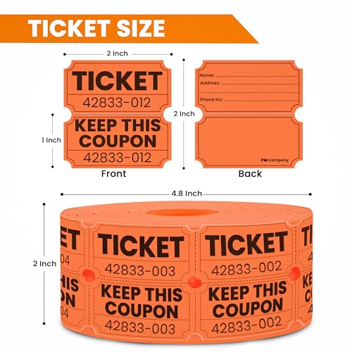 PM Company 2000 Pcs (1000 Pairs) Raffle Tickets Double Roll, 50/50 Orange - color: Orange