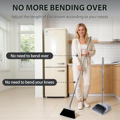 YZO Broom and Dustpan Set, 54.33 Inch Long Handle Standing Design, Dustpan Front Rubber Tight Seal, Broom with 5 Layer Bristles, Suitable for Bedroom, Yard, Office and Apartment(Gray&Black) - color: Gray&black