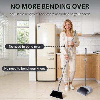 YZO Broom and Dustpan Set, 54.33 Inch Long Handle Standing Design, Dustpan Front Rubber Tight Seal, Broom with 5 Layer Bristles, Suitable for Bedroom, Yard, Office and Apartment(Gray&Black) - color: Gray&black