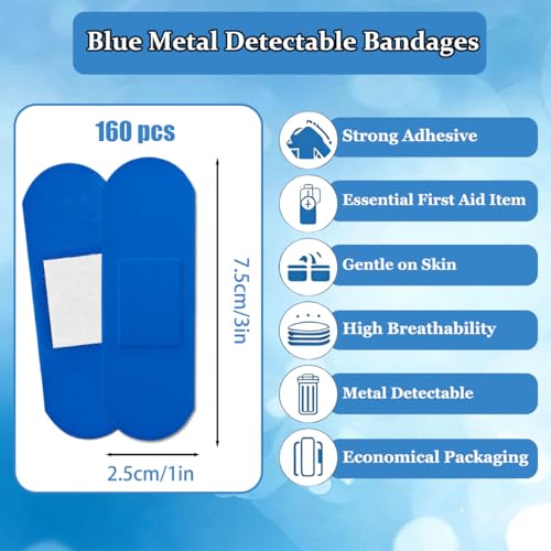 160 Pcs Food Service Blue Metal Detectable Bandage 3" X 1" Waterproof Adhesive Woven Fingertip Flexible Bandages with Non-Stick Pad Latex for First Aid Wound Care and Protection