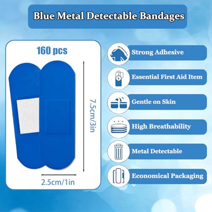 160 Pcs Food Service Blue Metal Detectable Bandage 3" X 1" Waterproof Adhesive Woven Fingertip Flexible Bandages with Non-Stick Pad Latex for First Aid Wound Care and Protection