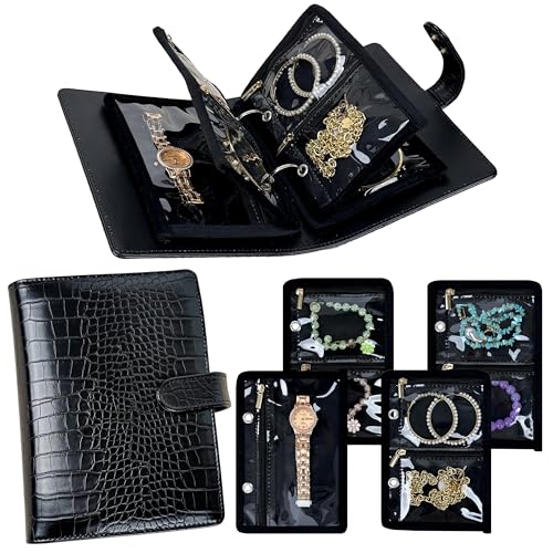Travel Jewelry Organizer Case,Small Jewelry Bags Jewelry Storage Book Ring Binder with Clear Zipper Velvet Pouch for Traveling - color: Case,Black