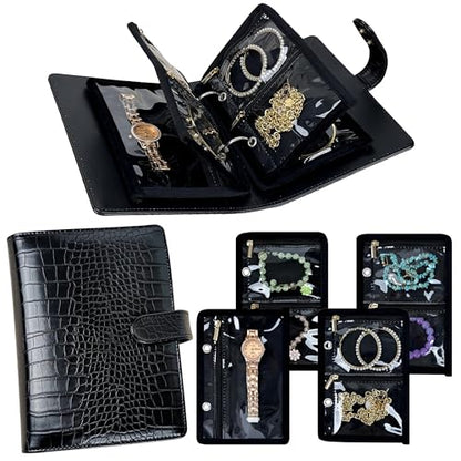 Travel Jewelry Organizer Case,Small Jewelry Bags Jewelry Storage Book Ring Binder with Clear Zipper Velvet Pouch for Traveling - color: Case,Black