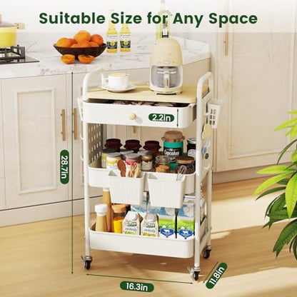 danpinera Rolling Utility Cart with Drawer, 3 Tier Rolling Cart with Wheels, Hooks & Hanging Cups, Craft Cart Art Cart Snack Cart Rolling Storage Cart with Wooden Table Top & DIY Pegboards, White - color: Ivory
