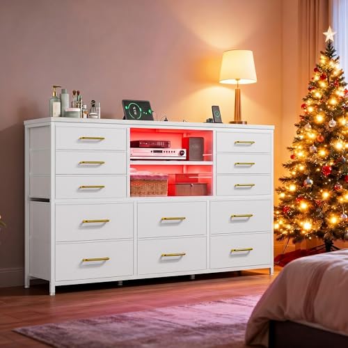 EnHomee Dresser for Bedroom with LED Lights & Charging Station - color: White