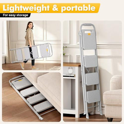KINGRACK 4 Step Ladder, Folding Step Stool with Safety Lock & Sturdy Anti-Slip Pedals, Pass 800lbs Load Testing, Lightweight, Portable Steel Ladder with Handrails for Home, Kitchen, Garage, Office - size: 4-step