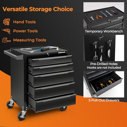 Goplus 5-Drawer Rolling Tool Chest, Steel Tool Storage Cabinet with Handle, Hanging Holes, Central Keyed Locking System, Universal Lockable Wheels, Tool Organizer Box for Garage Workshop - style: Tool Chest