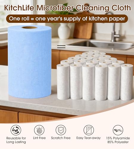 KitchLife Microfiber Cleaning Cloth Roll, 100 Pack - Tear-Away Microfiber Paper Towels, Lint-Free, Reusable, Washable for Kitchen, Car, Dishes, and Sensitive Surfaces (Blue) - color: Blue, size: 100 Pack