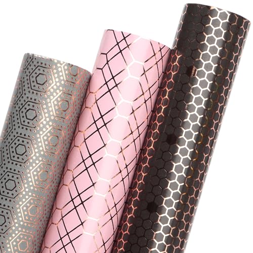 Ribbli Rose Gold Pink Birthday Wrapping Paper Mini Roll, 3 Rolls Grey Pink Black Geometry Pattern with Rose Gold Foil for Valentines Day Mothers Day Wedding - 17 inch x 120 inch(10feet) Per Roll - color: Grey/Pink/Black