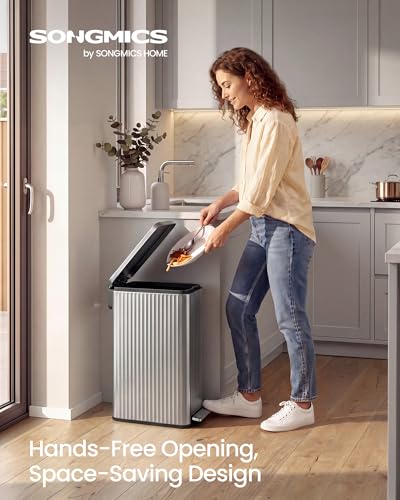 SONGMICS Trash Can, 13 Gallon (50 L) Slim, Stainless Steel, with Lid, Pedal - color: Metallic Silver, size: 13 Gallon (Slim)