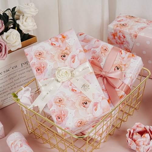 Floral Wrapping Paper Roll, Reversible Pink Wrapping Paper for Women Girls, Pink Rose White Polka Dot Design, Flower Gift Wrap Paper for Birthday Wedding Baby Shower Bridal Shower, 17Inch x 33Feet - color: Pink