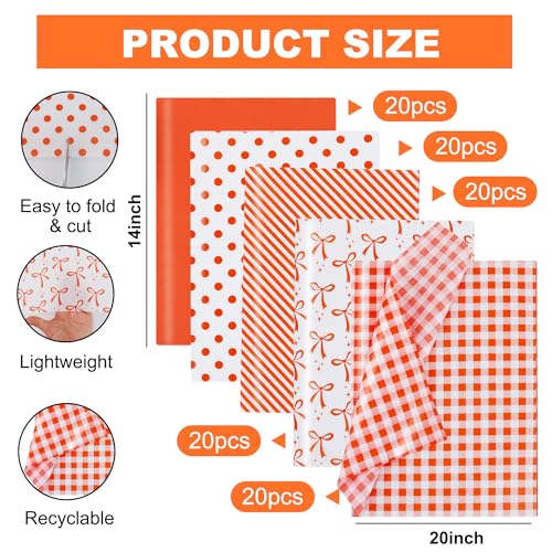 BEISHIDA 100 Sheets Orange Tissue Paper Bulk for Gift Wrapping Gift Bag - color: orangebow100
