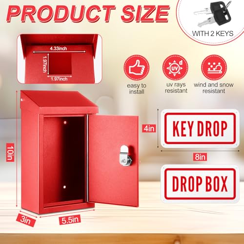 Yaocom Metal Key Drop Box with Lock, 2 Keys for Cash Donation Secure, Red - color: Red
