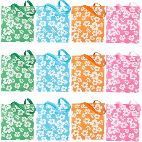 Fun Express Reusable Hibiscus Tote Bags (set of 12) Bright Haiwian colors, Tiki and Luau theme - Great for Groceries or Destinaton Wedding and Party Favors