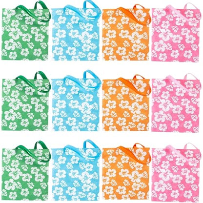 Fun Express Reusable Hibiscus Tote Bags (set of 12) Bright Haiwian colors, Tiki and Luau theme - Great for Groceries or Destinaton Wedding and Party Favors