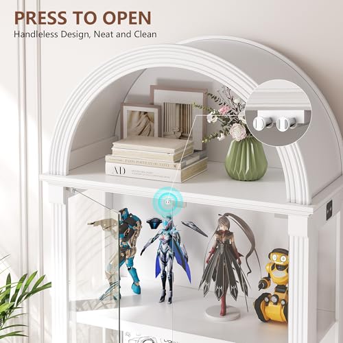 Arched Display Cabinet with Glass Doors, 72" Tall Curio Cabinet with Human Sensor Lights, 4-Tier Display Case for Collectibles Bookcase Living Room - color: White