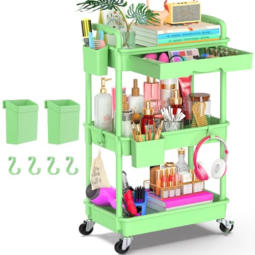 Goovilla 3 Tier Rolling Utility Cart Organizer with Removable Drawer, Green - size: 3 Tier, style: Green