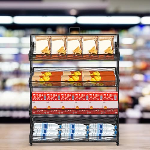 4 Tiers Retail Display Stand, Retail Candy Display Rack, Chip Rack Display Stand, Snack Organizer, Countertop Display Candy Snacks Rack, Snack Shelf for Stores, Office, Bakery, Supremarket (Black)