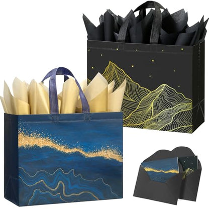 STYPOP 13" Large Gift Bags with Tissue Paper, 2 Pack Reusable Non-woven Happy Birthday Gift Bag with Handles, Perfect Gifts for Men & Women (Black, Blue). - color: A-Bags-2