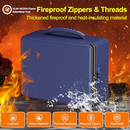 ENGPOW Fireproof Document Box with Lock & Heat-Resistant Fireproof Zipper - color: Blue, size: 15.4 x 11.8 x 5.5 inches
