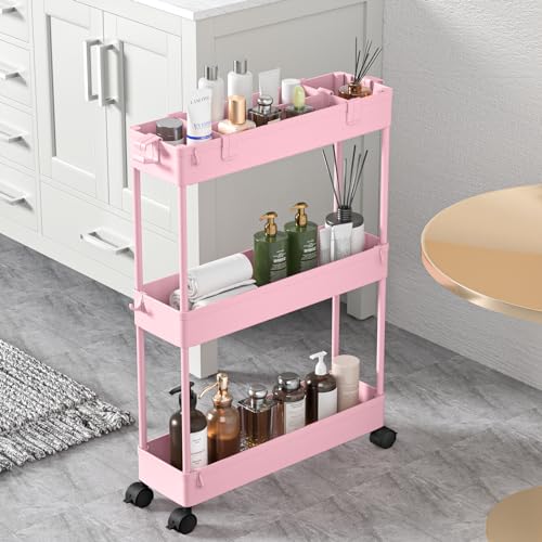 SPACELEAD Slim Storage Cart 3 Tier,Bathroom Organizer Rolling Utility,Mobile Shelving Unit Slide Out for Office, Kitchen, Laundry Room & Narrow Places,Pink - color: Pink