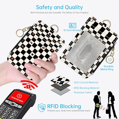 2-in-1 ID Badge Holder & Lanyard Wallet，Cute Zippered Pouch Checkered - color: Black and White Checkered