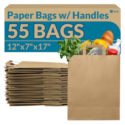 Reli. Paper Grocery Bags with Handles | 55 Pcs Bulk | 12"x7"x17"