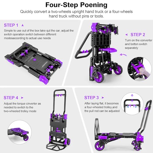 2 in 1 Folding Hand Truck, 330lbs Aluminum Portable Dolly Cart, Purple - color: Purple