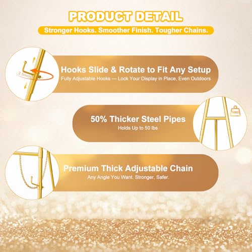 Interchangeable Bow & Star Top Gold Easel Stand for Sign, 62"–47" Height Adjustable Heavy Duty Wedding Easel Stand with 3 Display Modes — Perfect for Welcome Signs, Christmas Decor, Parties & Events