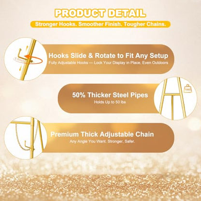 Interchangeable Bow & Star Top Gold Easel Stand for Sign, 62"–47" Height Adjustable Heavy Duty Wedding Easel Stand with 3 Display Modes — Perfect for Welcome Signs, Christmas Decor, Parties & Events