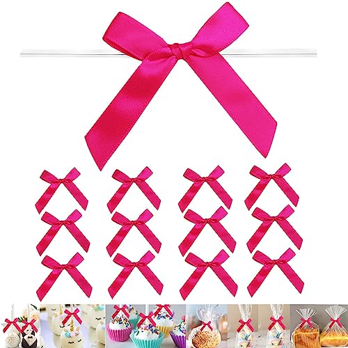 100 PCS 3 Inch Hot Pink Twist Bows for Treat Bags, Satin Twist Tie Bows, Pre Tied Bows with Wire, Ribbon Bows with Twist Ties, Bow Ties for Gift Bags, Popcorn Bags, Cookie Bags, Party Favors - color: Hot Pink, size: 100 Pack